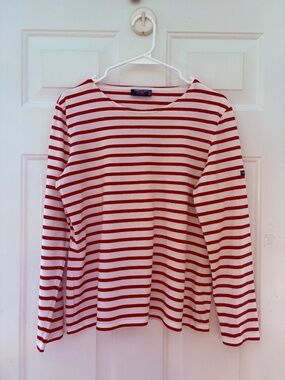 Saint James L'Atelier Breton Stripe Long Sleeve Shirt Red White Size 10